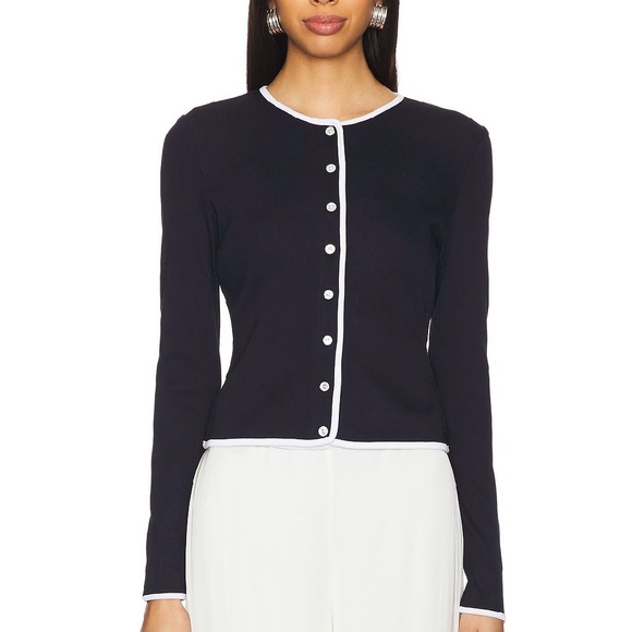 Veronica Beard Wilmer Cropped Cardigan Ribbed Navy Sm - Picture 1 of 10